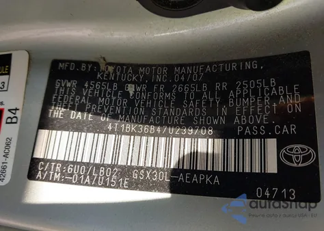 2007 Toyota Avalon Limited from USA, damaged, VIN 4T1BK36B47U239708